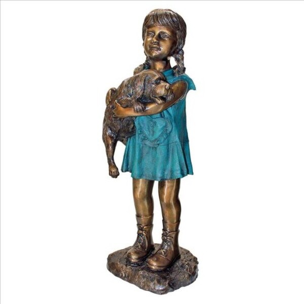 Can I Keep Him? Girl and Dog Cast Bronze Garden Statue holding Puppy